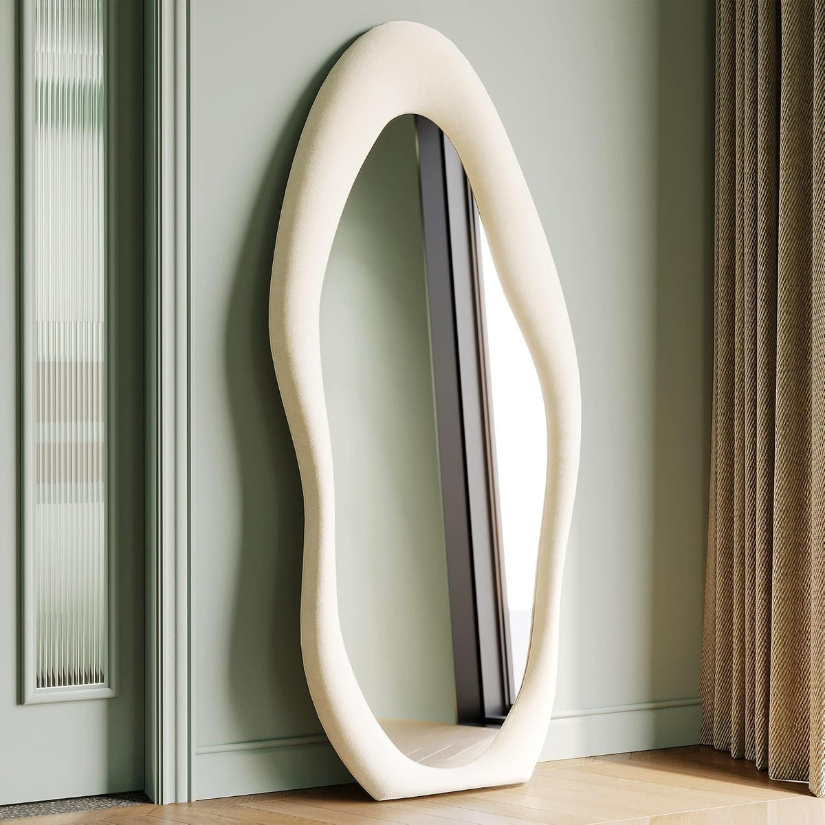 Honyee Irregular Wavy Flannel Wrapped Wooden Frame Full Length Mirror