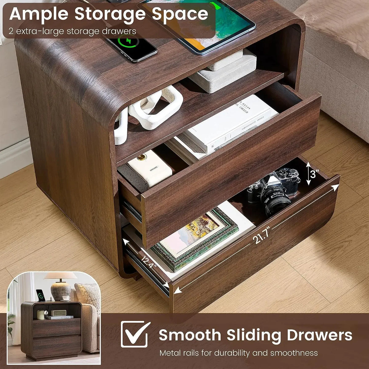Curved 2-Drawer Nightstand with Charging Station Walnut