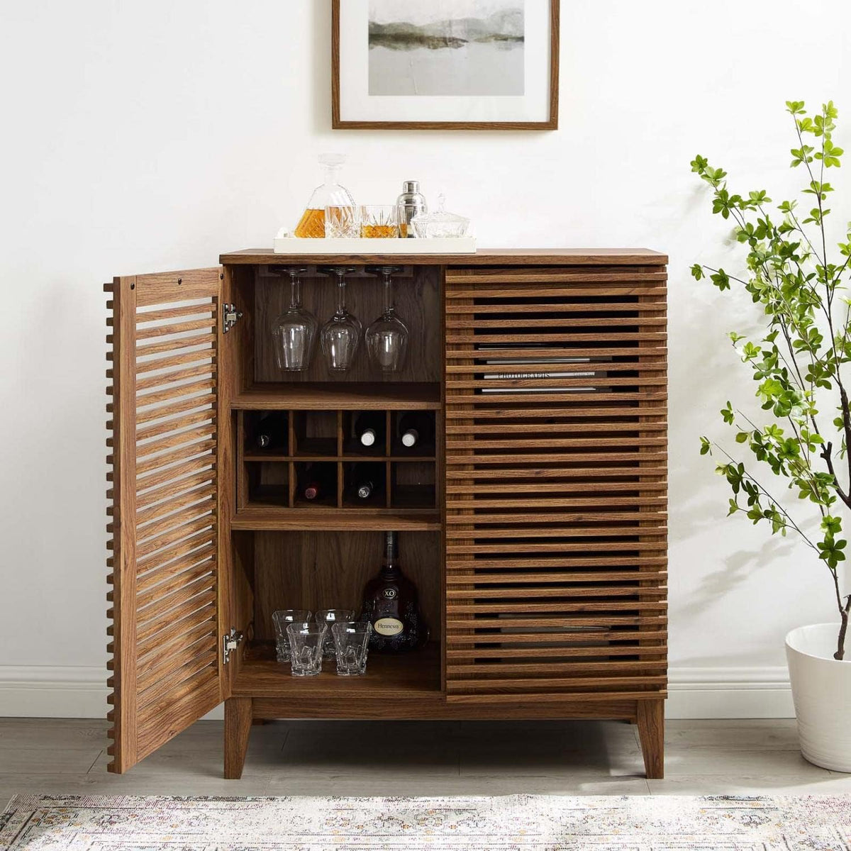 Modway Render Mid-Century Wine Rack Bar Cabinet Walnut