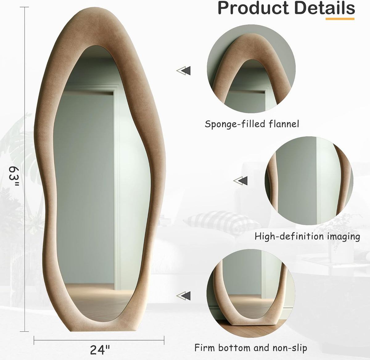 Honyee Irregular Wavy Flannel Wrapped Wooden Frame Full Length Mirror