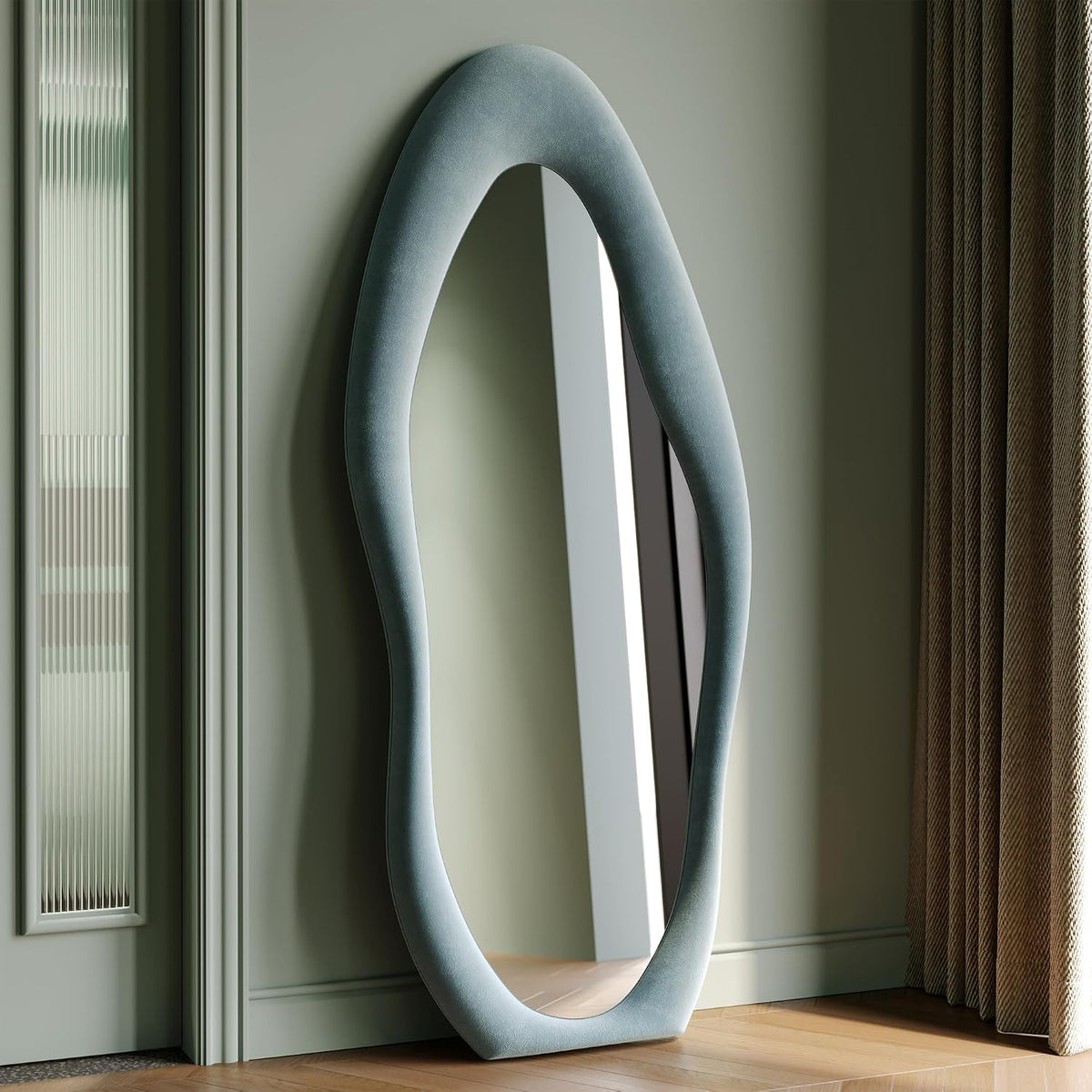 Honyee Irregular Wavy Flannel Wrapped Wooden Frame Full Length Mirror