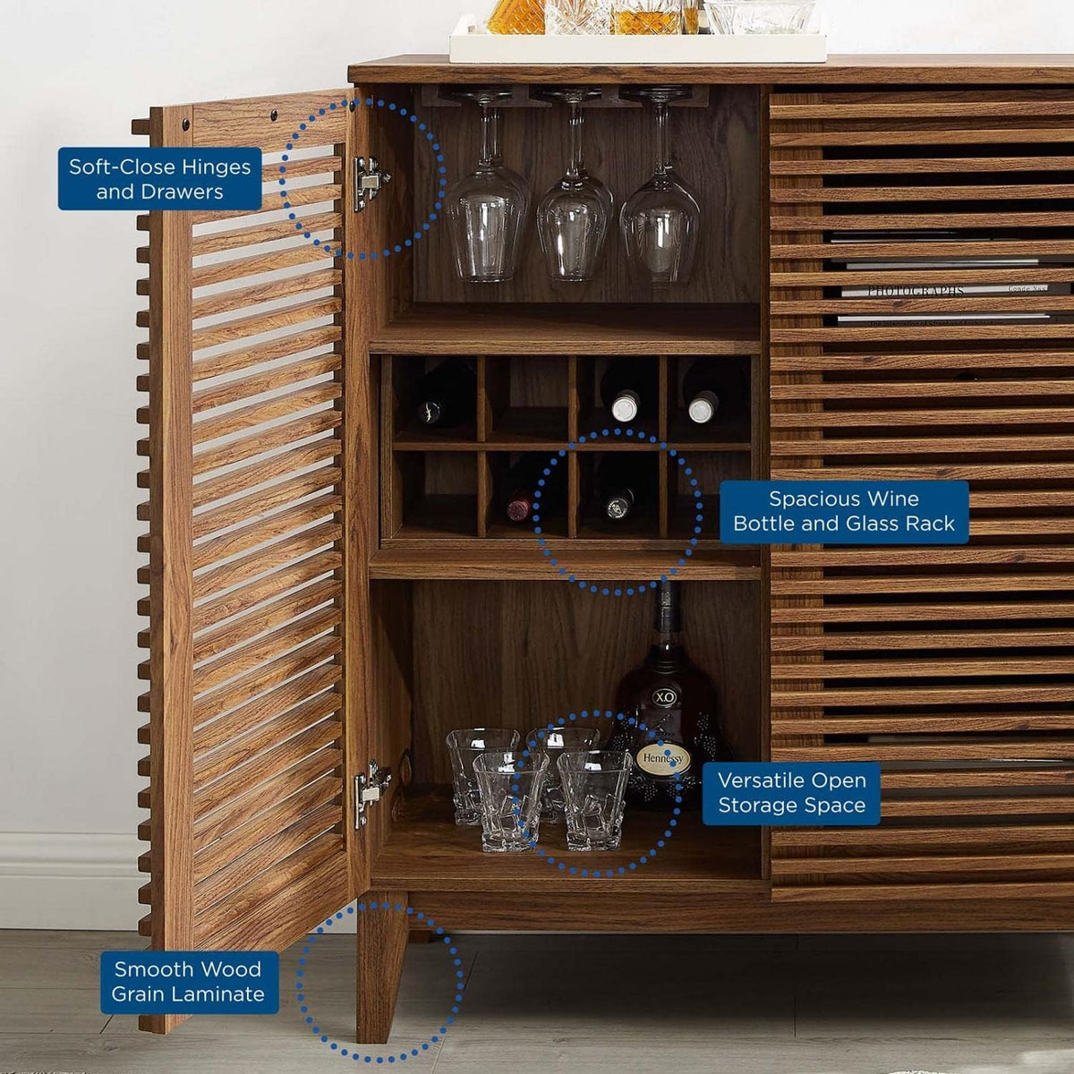 Modway Render Mid-Century Wine Rack Bar Cabinet Walnut