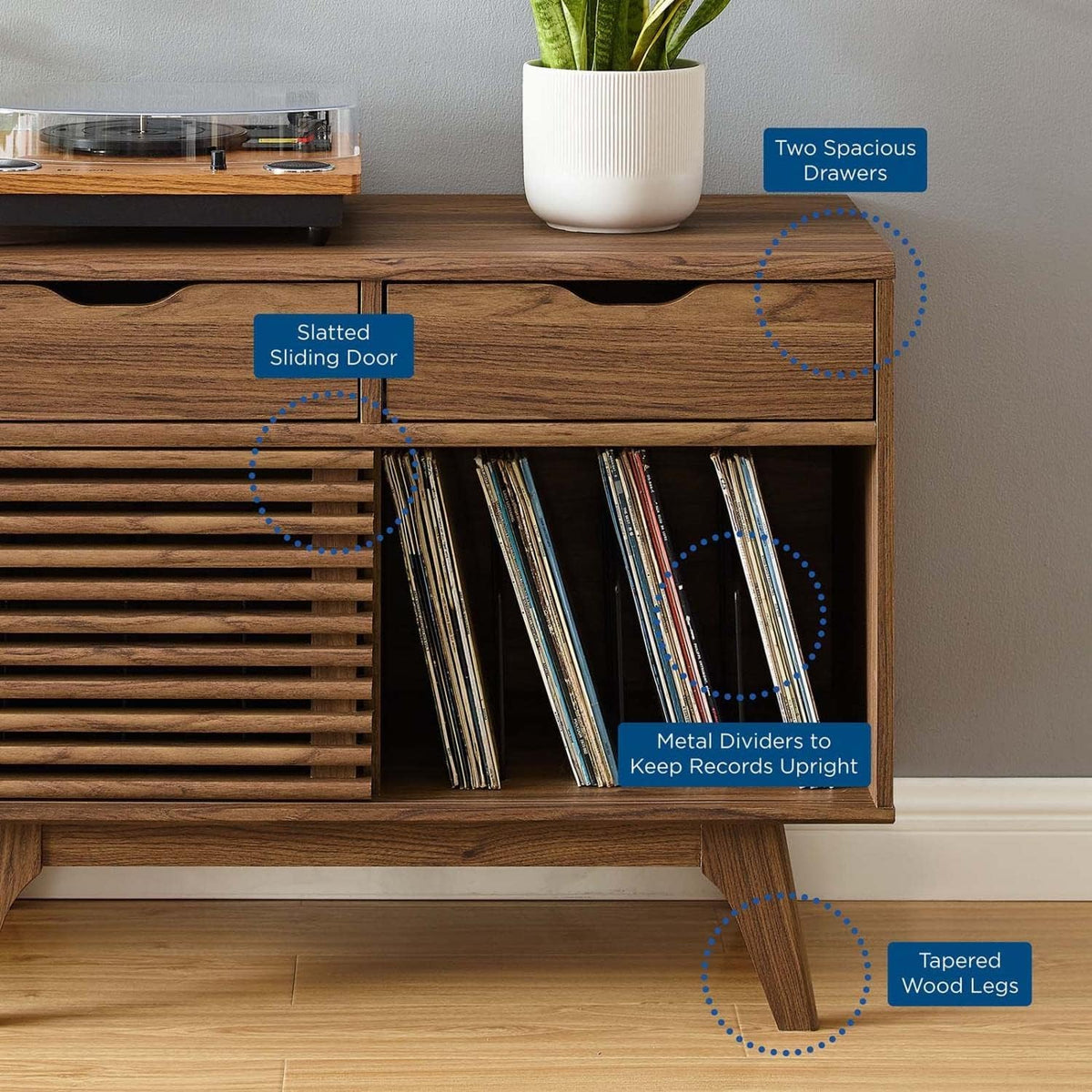 Modway Render Vinyl Record Storage Display Cabinet Walnut