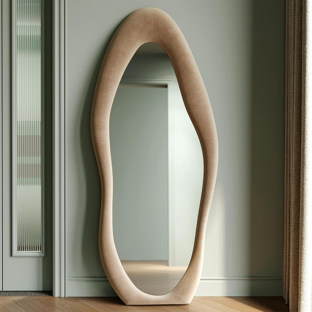 Honyee Irregular Wavy Flannel Wrapped Wooden Frame Full Length Mirror