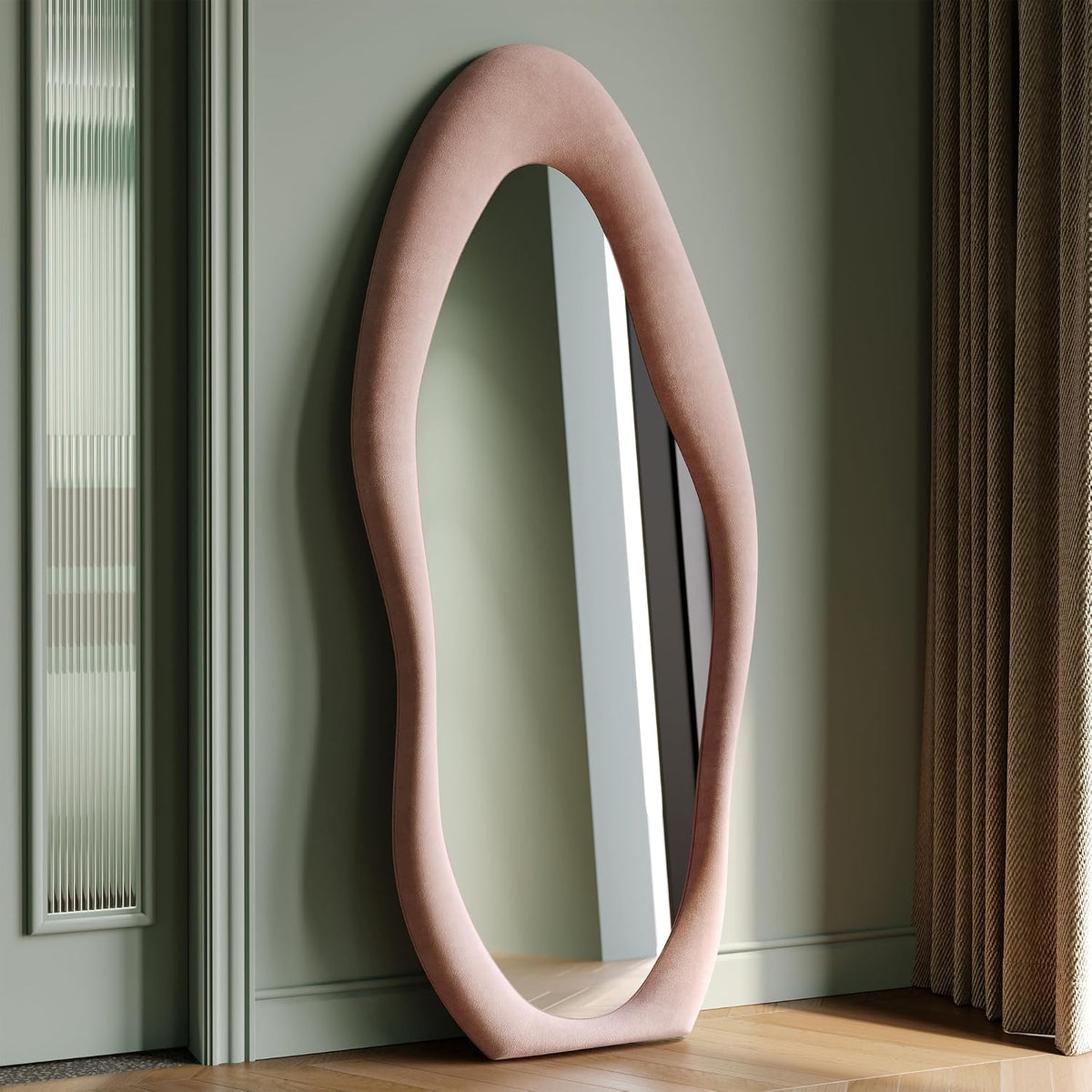 Honyee Irregular Wavy Flannel Wrapped Wooden Frame Full Length Mirror
