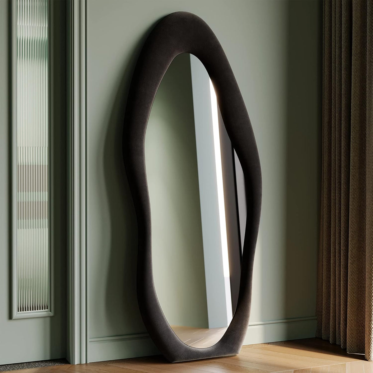 Honyee Irregular Wavy Flannel Wrapped Wooden Frame Full Length Mirror