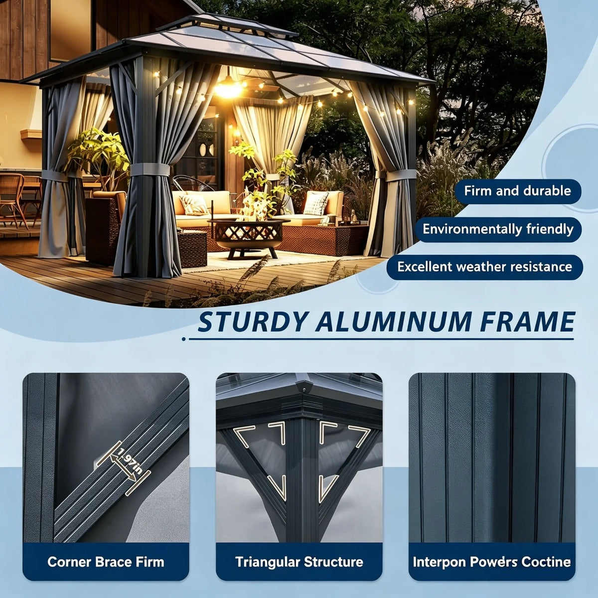 Hardtop Gazebo Permanent Aluminum Pavilion 3x3.7 m