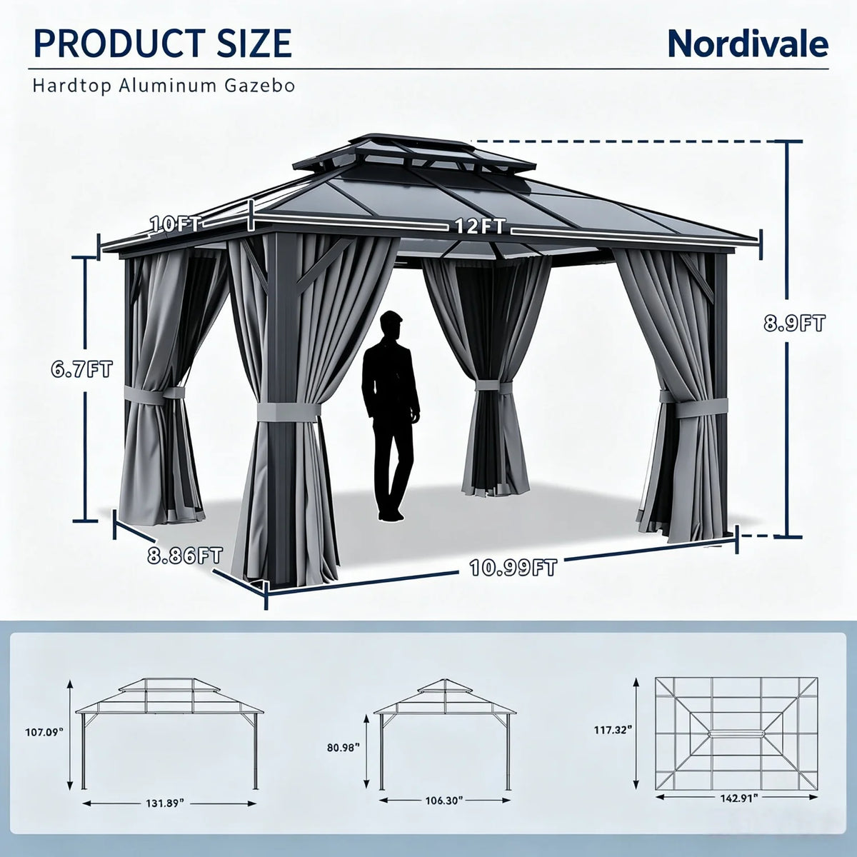 Hardtop Gazebo Permanent Aluminum Pavilion 3x3.7 m