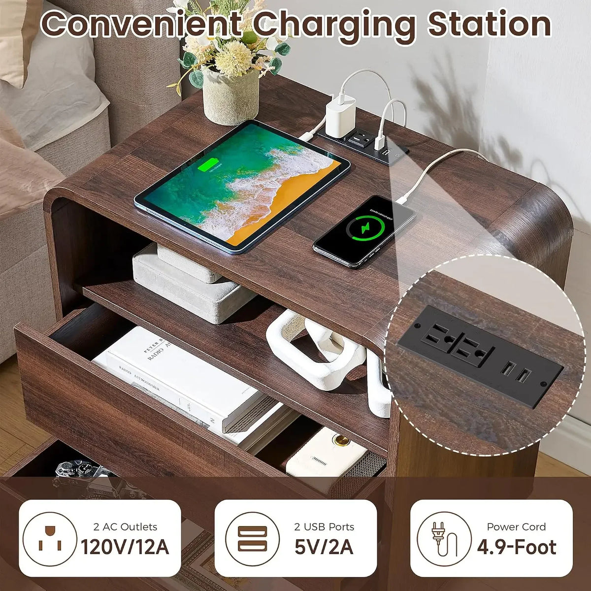 Curved 2-Drawer Nightstand with Charging Station Walnut
