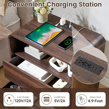 Curved 2-Drawer Nightstand with Charging Station Walnut