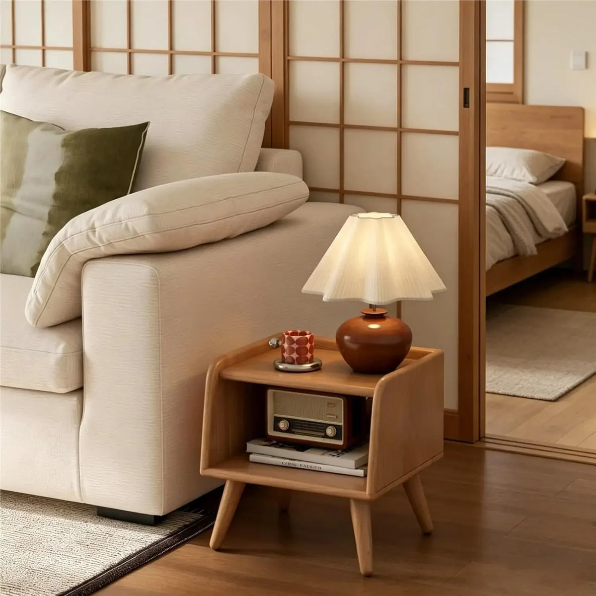 Modern Compact Wood Bedside Table with Storage Shelf
