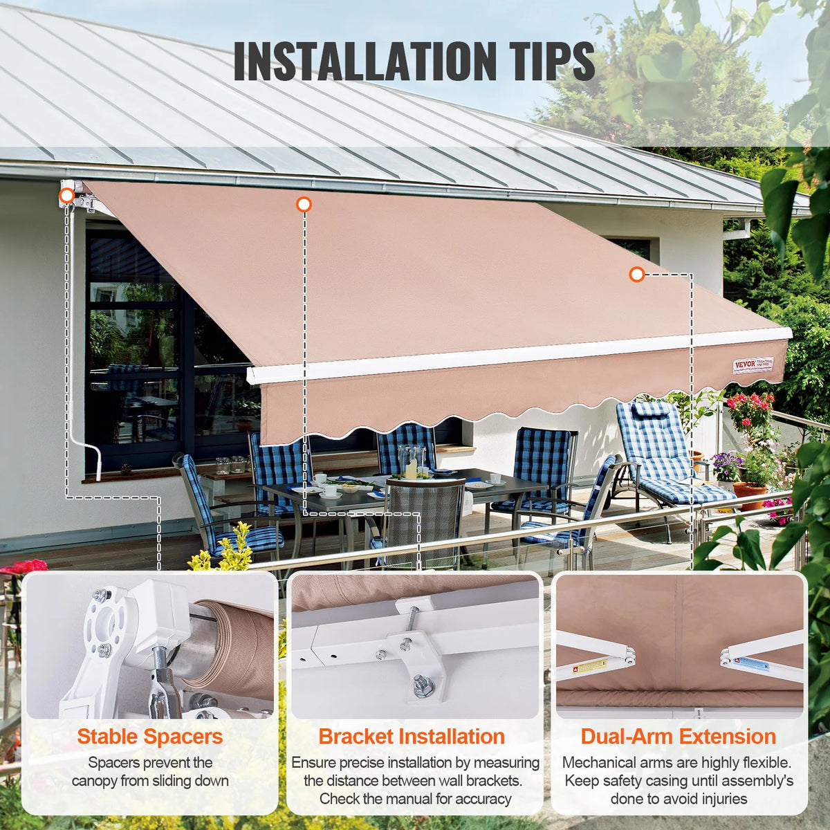 Manual Retractable Patio Awning Sun Shade Water-Resistant Polyester RA300250