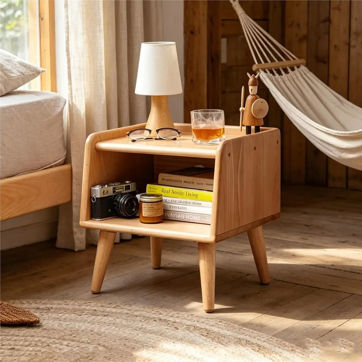 Modern Compact Wood Bedside Table with Storage Shelf