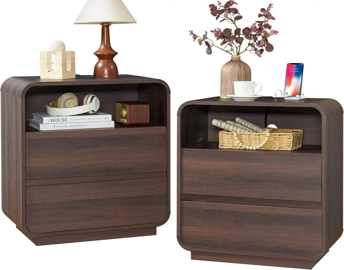 Curved 2-Drawer Nightstand with Charging Station Walnut