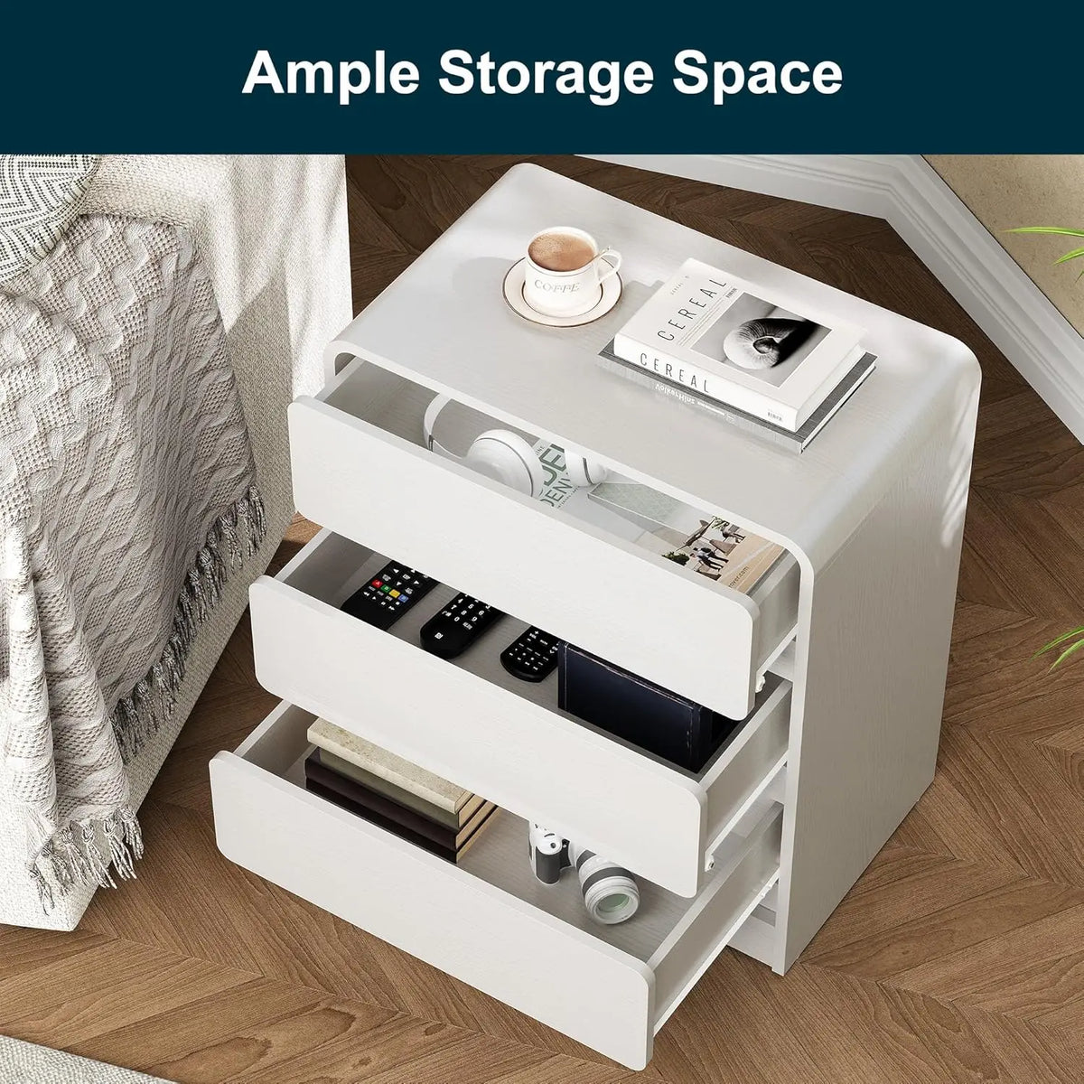 Modern 3-Drawer Curved Nightstand Set of 2 White