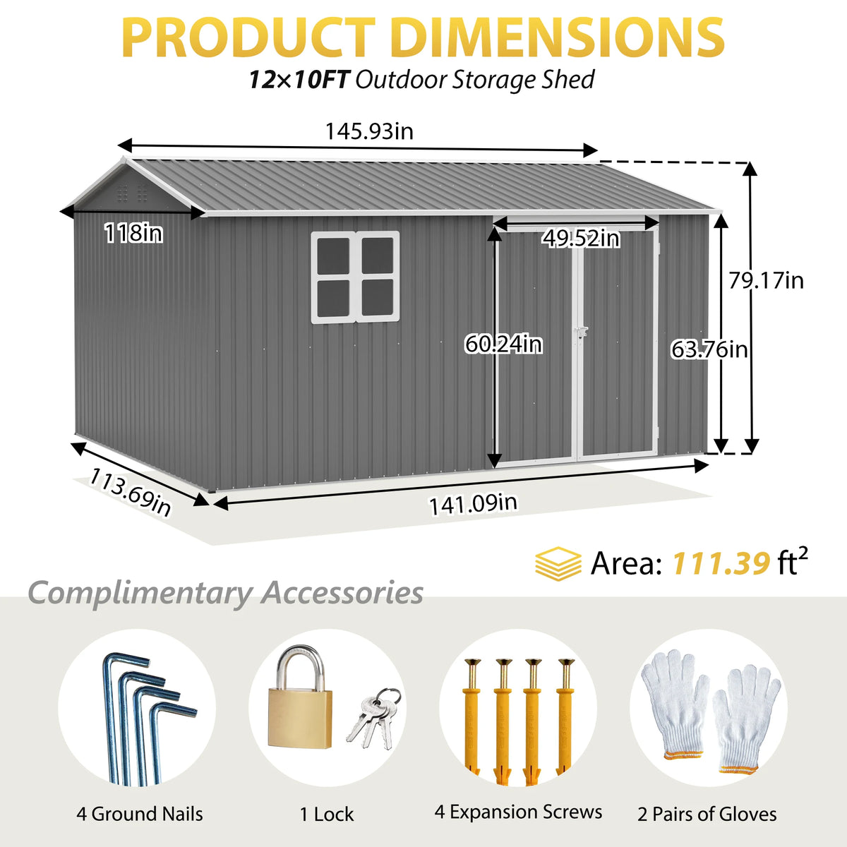 Metal Outdoor Storage Shed 3.7x3.0m Grey