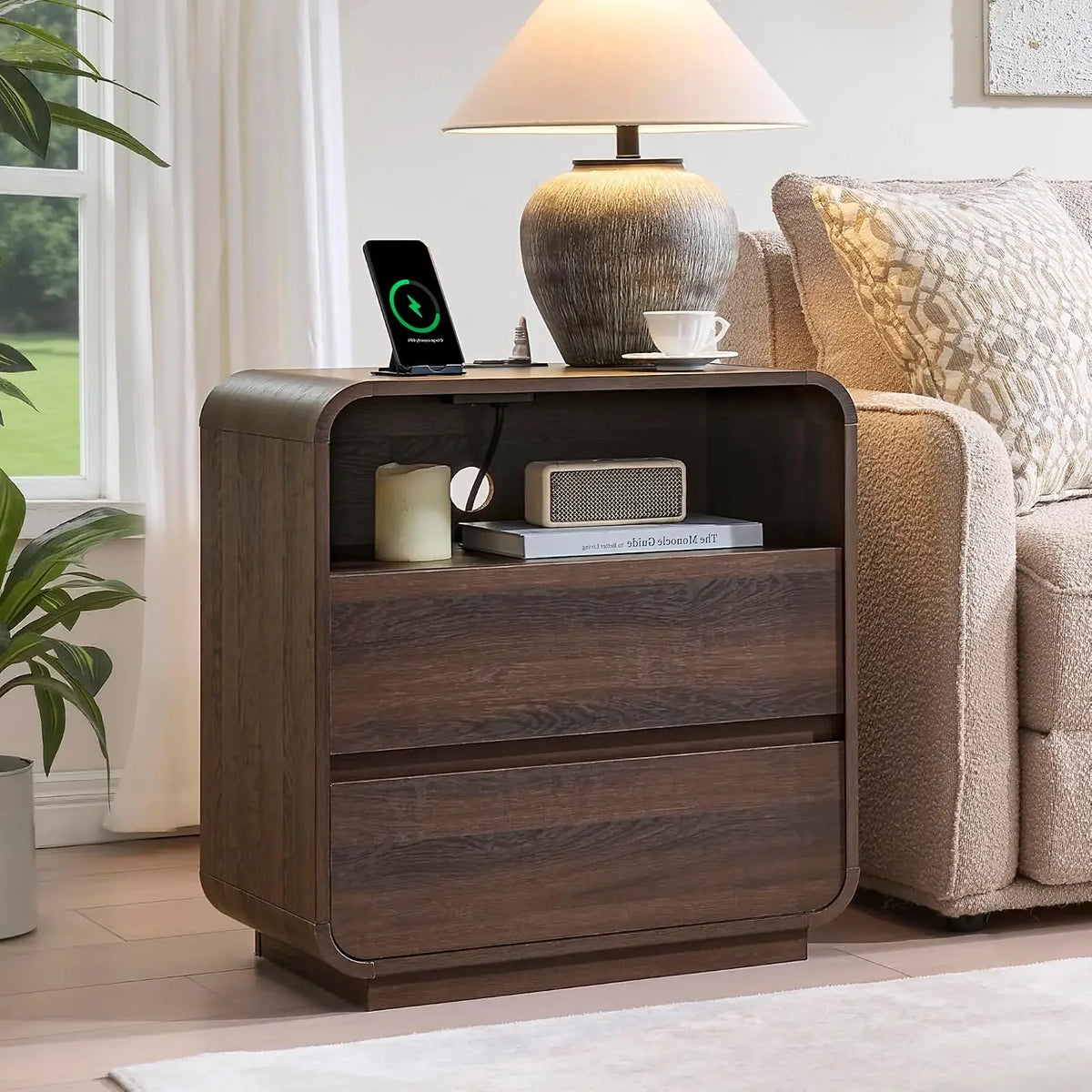 Curved 2-Drawer Nightstand with Charging Station Walnut