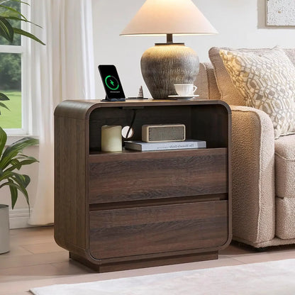 Curved 2-Drawer Nightstand with Charging Station Walnut