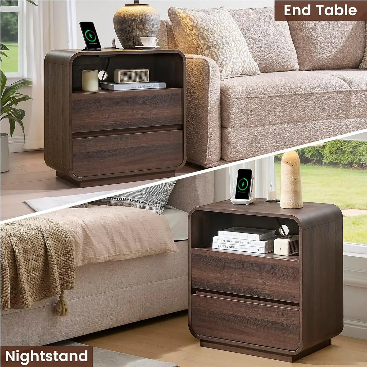 Curved 2-Drawer Nightstand with Charging Station Walnut