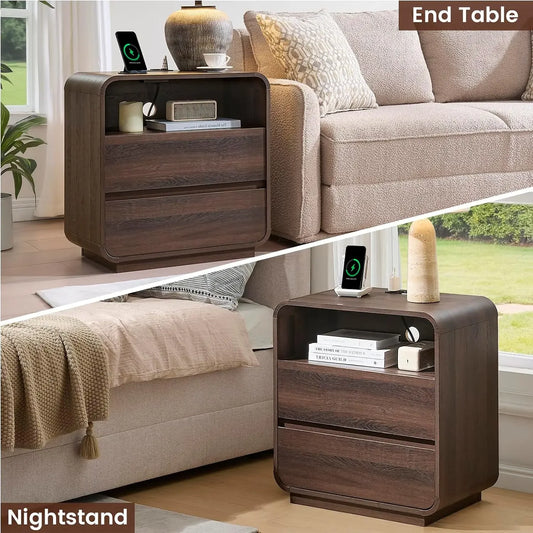 Curved 2-Drawer Nightstand with Charging Station Walnut