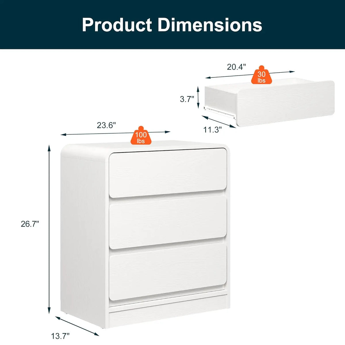 Modern 3-Drawer Curved Nightstand Set of 2 White