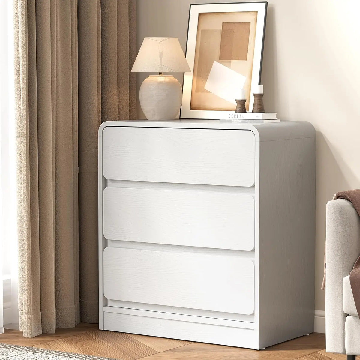 Modern 3-Drawer Curved Nightstand Set of 2 White