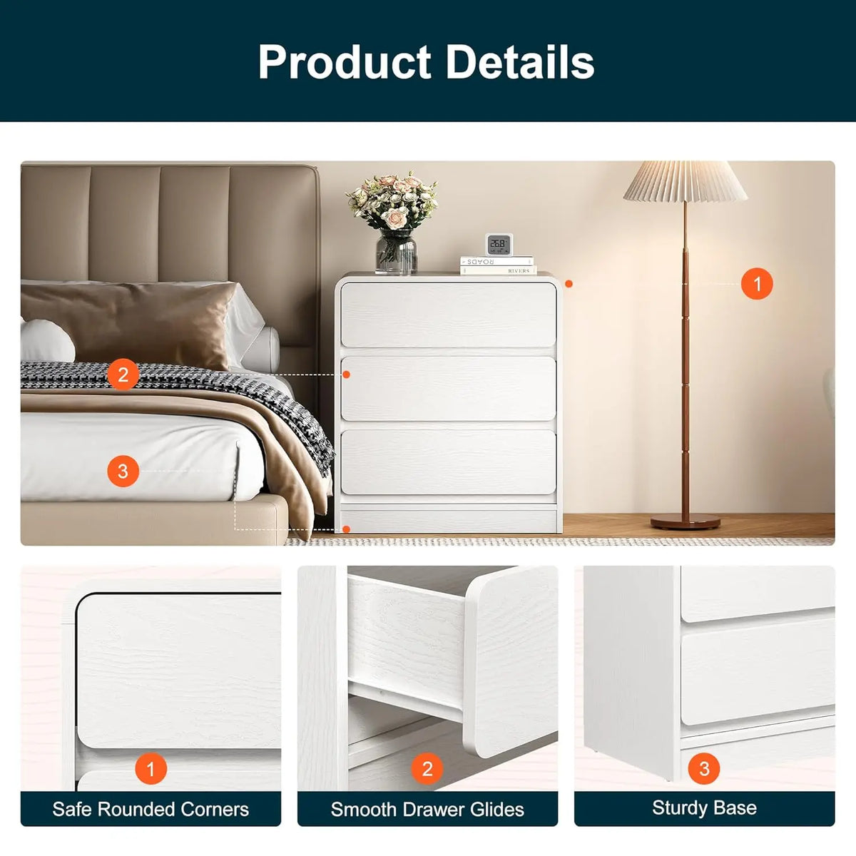 Modern 3-Drawer Curved Nightstand Set of 2 White
