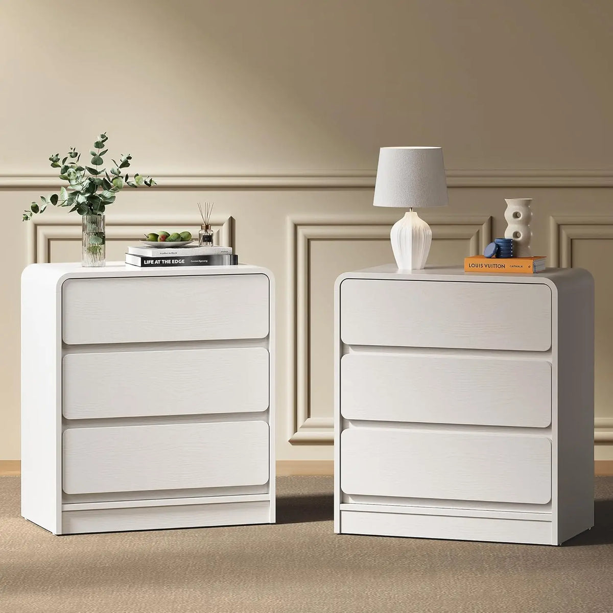 Modern 3-Drawer Curved Nightstand Set of 2 White