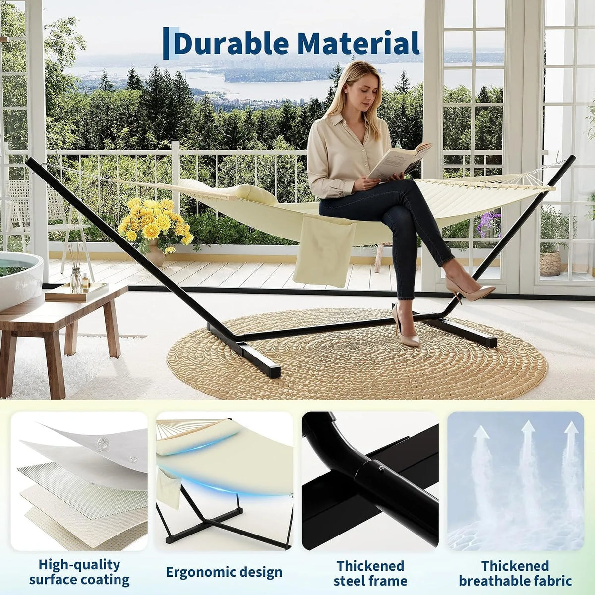 Double Hammock With Stand And Pillow 2-Person Off White