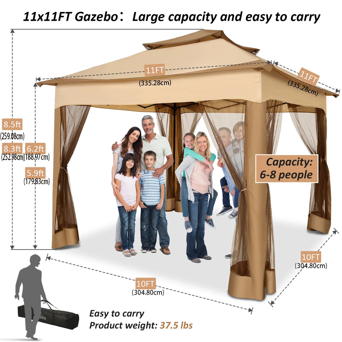 Pop Up Gazebo Canopy Tent With Mosquito Netting 3.4x3.4m