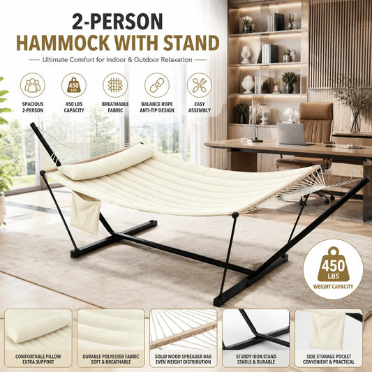 Double Hammock With Stand And Pillow 2-Person Off White
