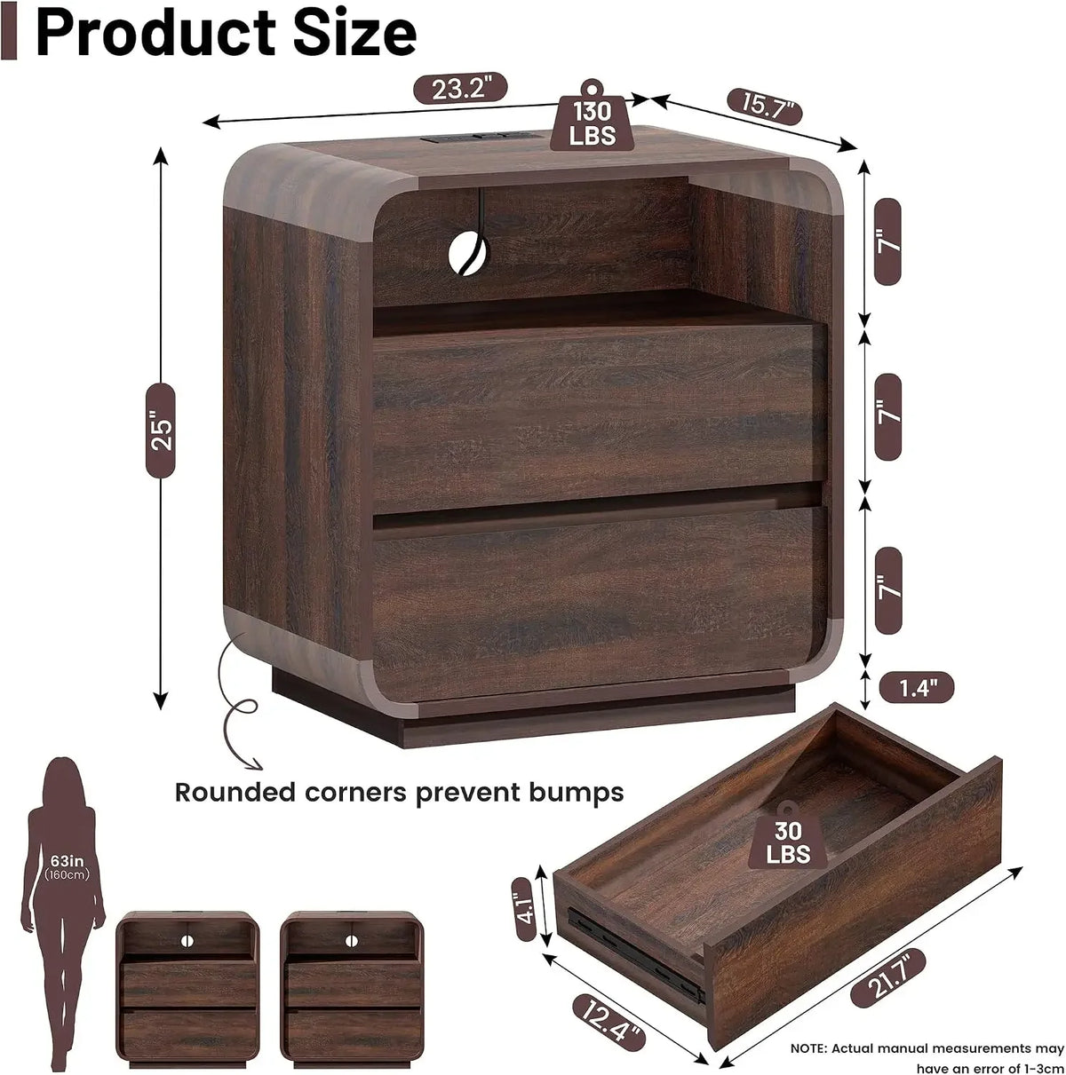 Curved 2-Drawer Nightstand with Charging Station Walnut