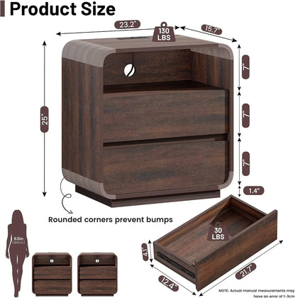Curved 2-Drawer Nightstand with Charging Station Walnut
